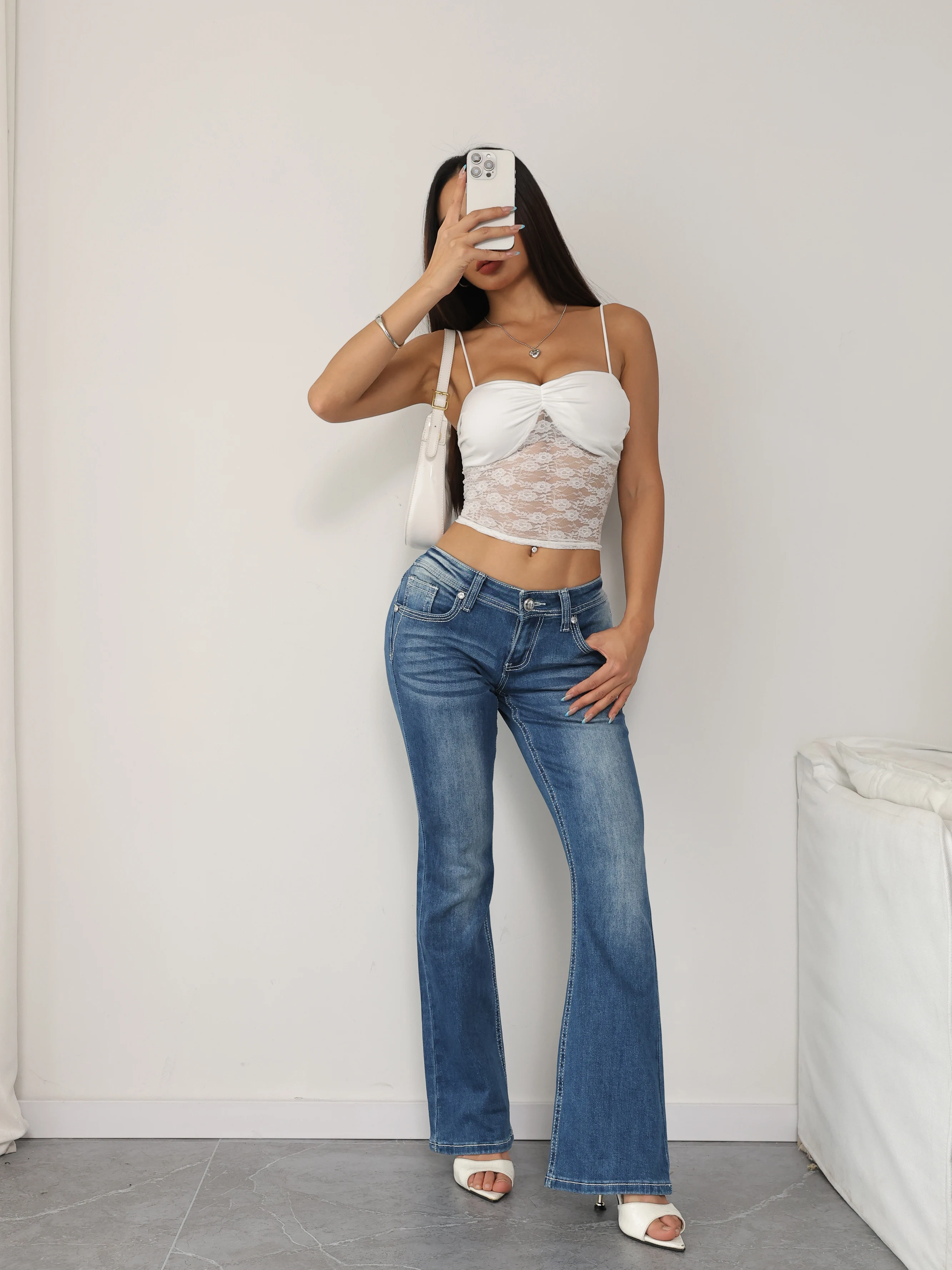 Calça jeans feminina plus size cintura alta flare calça jeans macia confortável uso diário