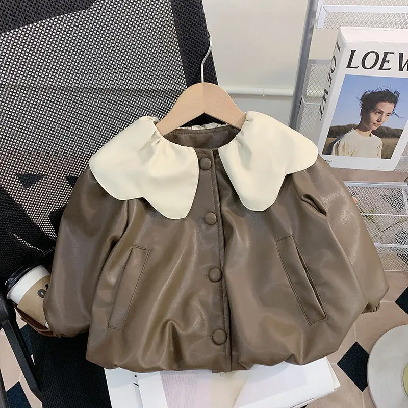 Kids Girls PU Leather Jackets 2024 New Arrival Children Peter Pan Collar Outwear Jacket Coats Autumn Winter Khaki Leather Coats