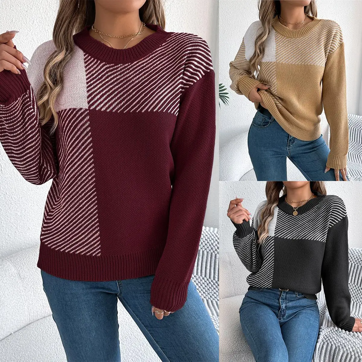 

Casual Long Sve Overhead Sweater Autumn Winter Plaid Patterned Cross-Border Women's Wear Comfortable Breathable Faionable