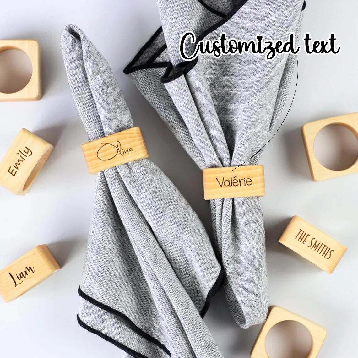 Personalised wooden napkin rings, custom name napkin rings, customised wooden table decorations, wedding table setup