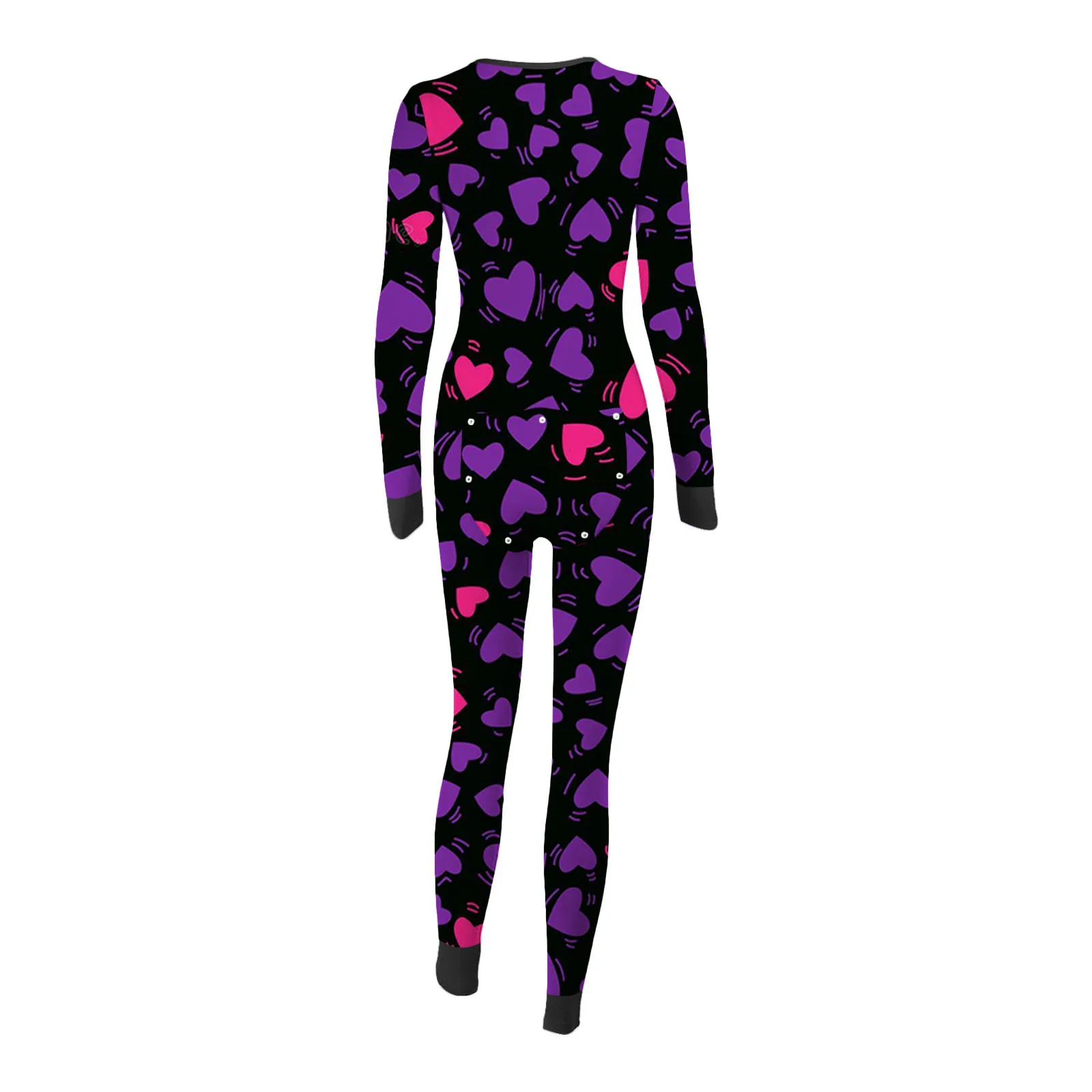 Women Heart Love Lipstick Print Jumpsuit Long Sleeve Half Button Up Sleepwear Romper Sexy Open Crotch Bodysuit Corset Onesises