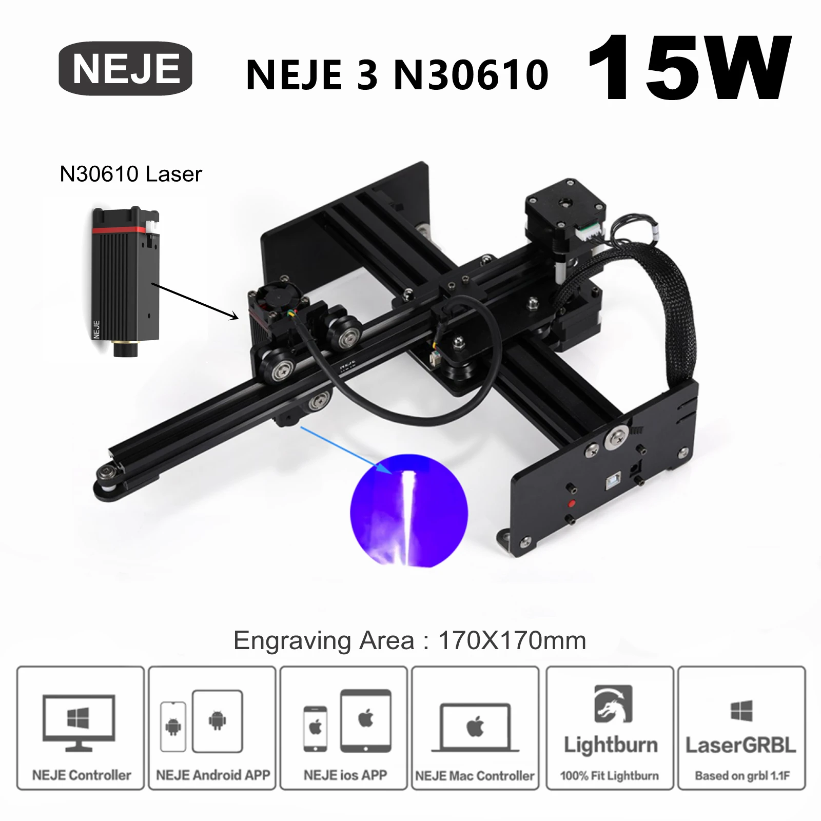 NEJE 3 N30610 15W Mini CNC Laser Engraver Wood Cutter Desktop 2in1 Laser Engraving Machine Printer With APP Control Lightburn