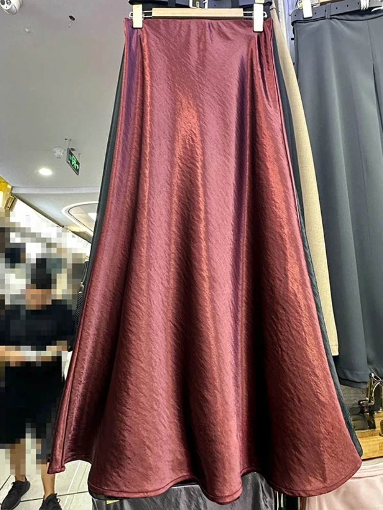 Elastic Waist Solid Silk Women's A-line Skirt Spring Summer Acetic Satin Long Skirts Elegant Purple Fishtail Skirt for Women