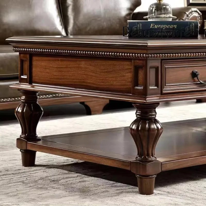 XX American Rural Solid Wood Coffee Table Roman Column Rectangular Retro Old Living Room Storage Tea Table