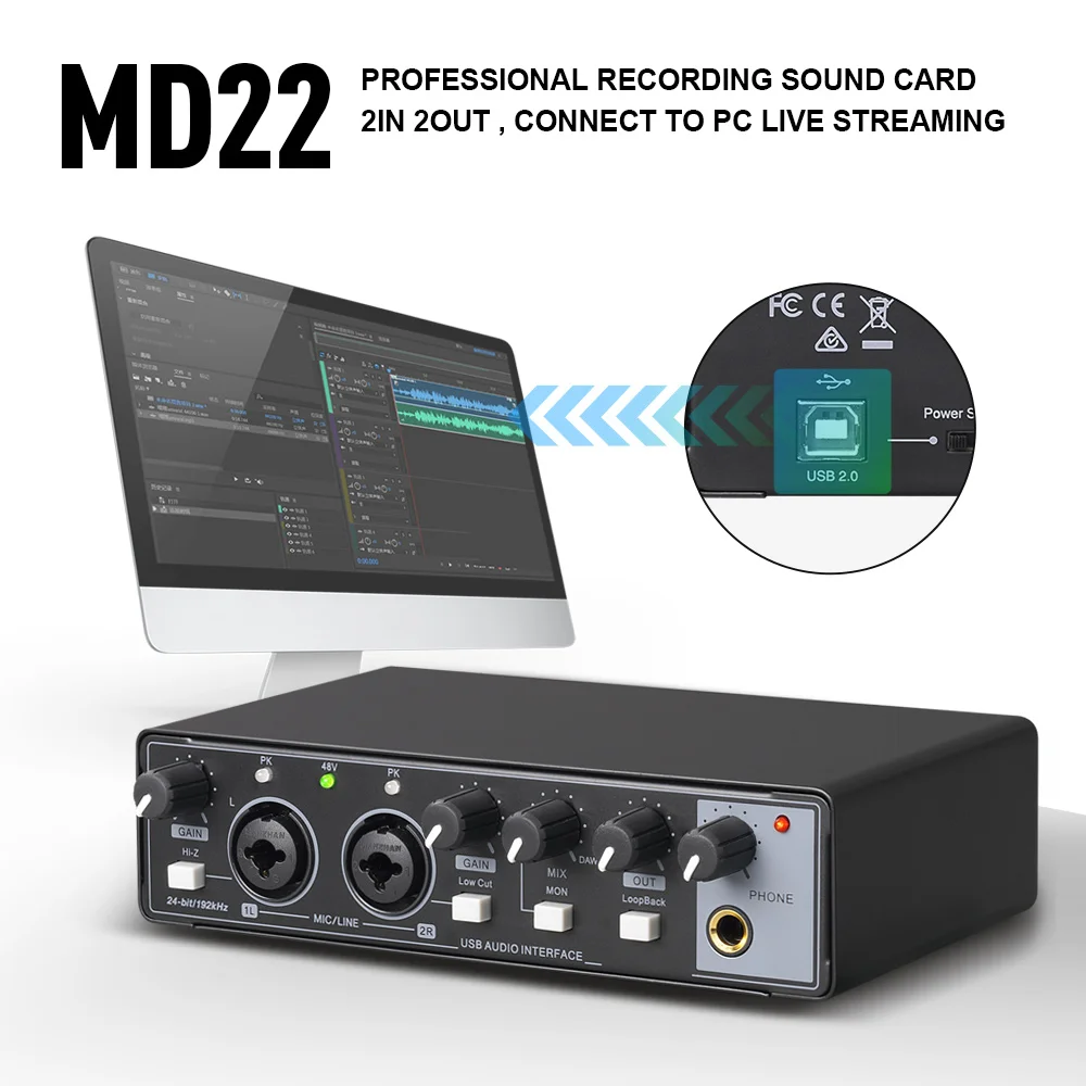 

MD22 Professional Audio Sound Card Monitor, 24-bit/192KHz AD Converter for Electric Guitar Recording, Studio, Live Streaming