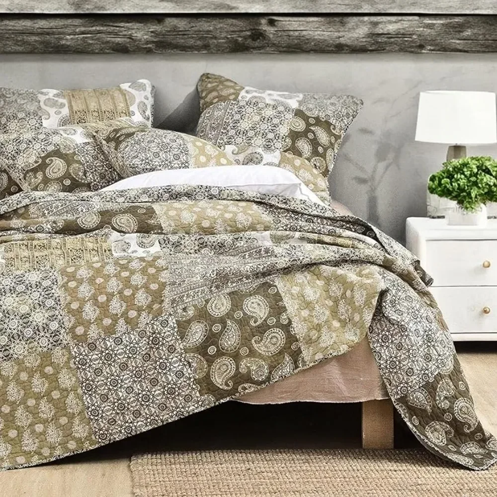 Duvet cover set bohemian cotton patchwork - Moroccan dream bedspread, durable and reversible, olive and brown filigree design