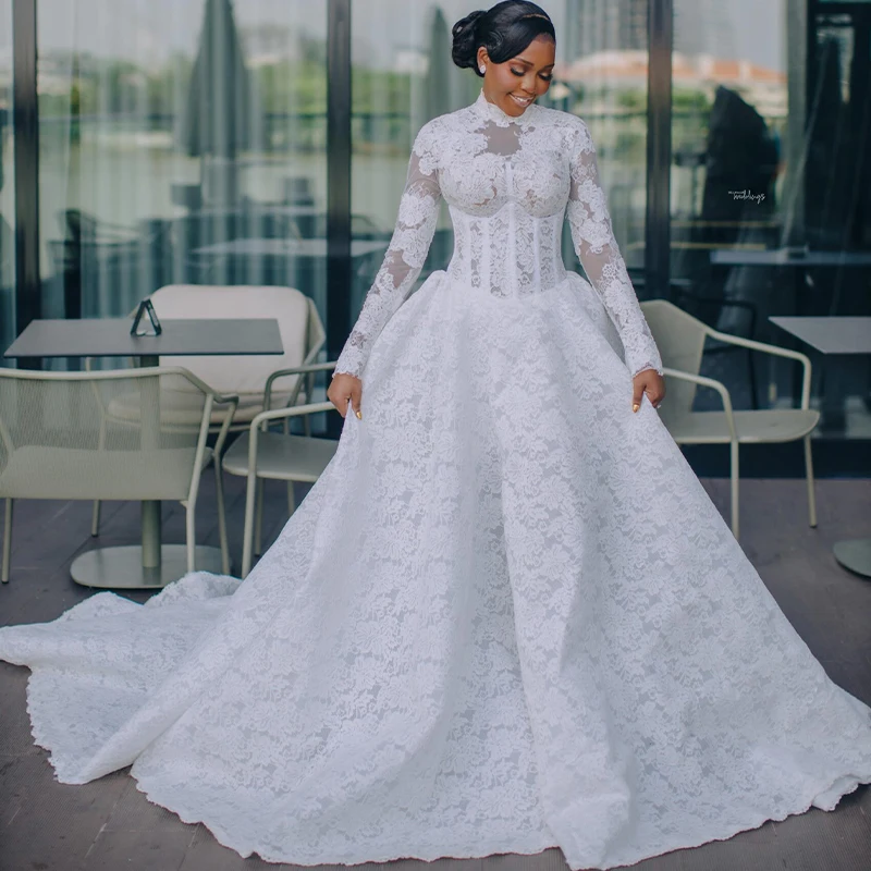 

Lace Wedding Dresses for Bride High Collar Long Sleeve Corset Closure African Garden Bridal Gowns robes de mariee Customized