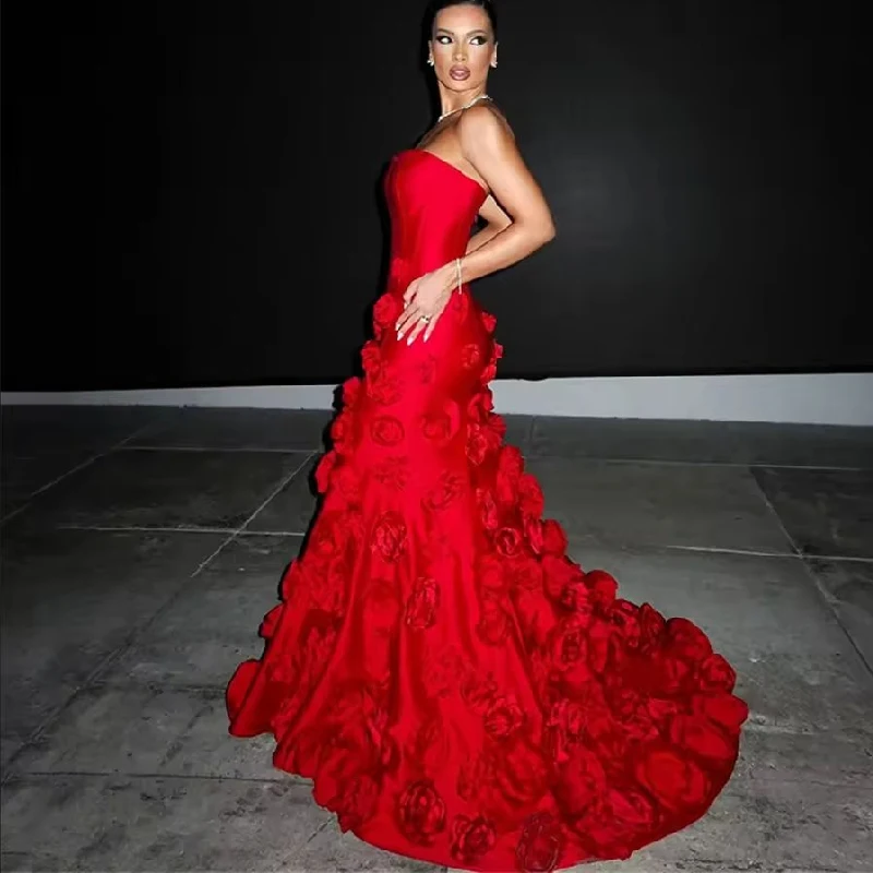 

Красное бальное платье без бретелек, платья для выпускного вечера, 3D цветок, молния, часовня, шлейф, Vestidos De Fiesta, атлас по индивидуальному заказу