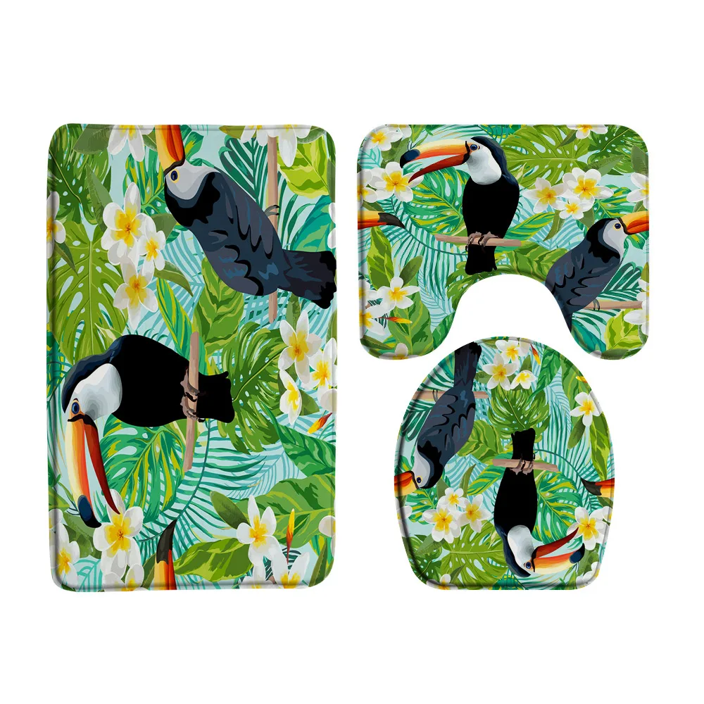 Tapete de baño de franela de microfibra absorbente, tapete de cubierta de tapa de inodoro, Toucans, loro, palmera, hojas, pájaro de la selva, decoración de baño