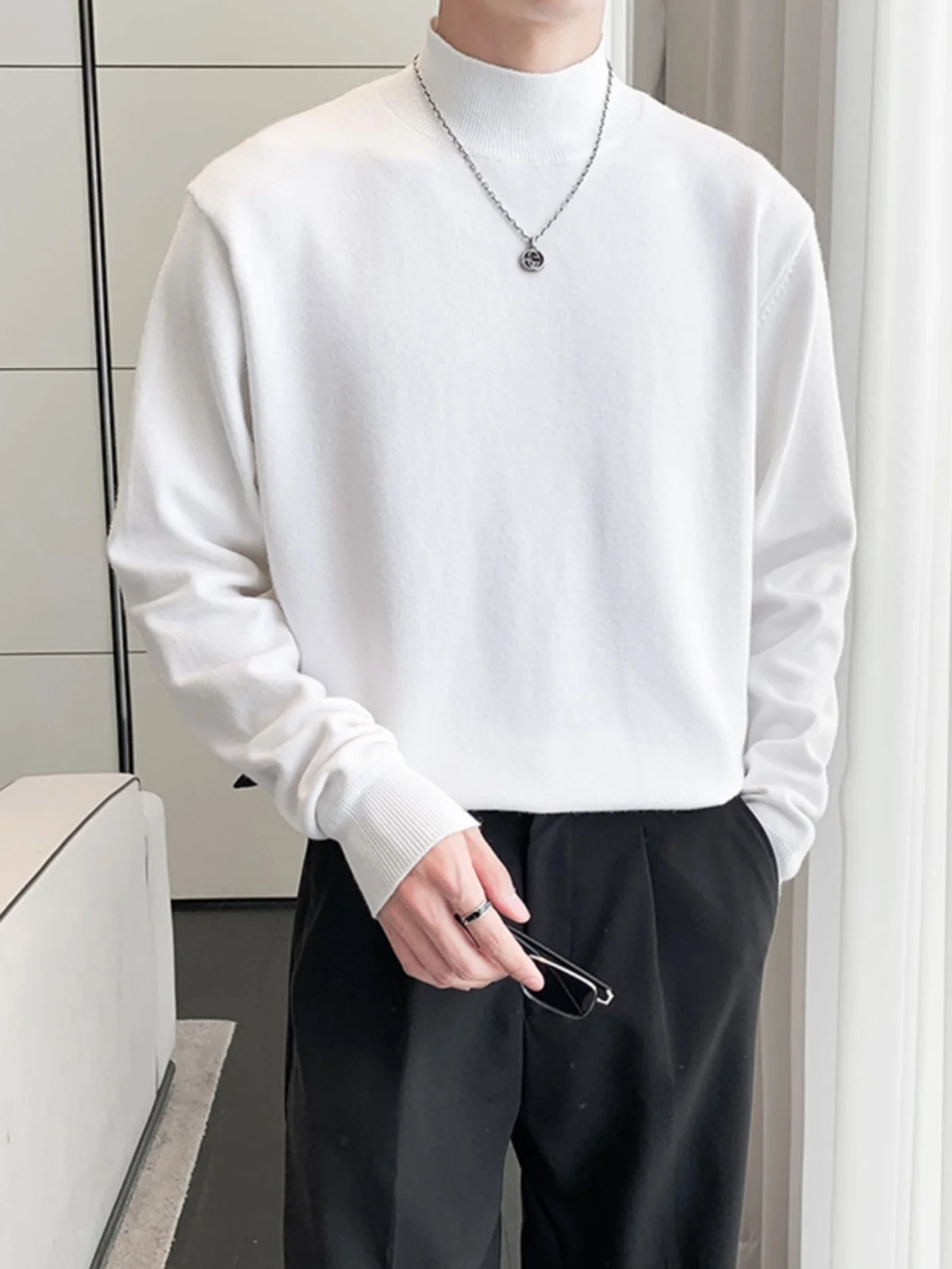 

Loose Men's Knitted Sweater f High Collar Base Layer Winter Inner Wear Overhead Sle Comfortable Lazy Faion White Premi...