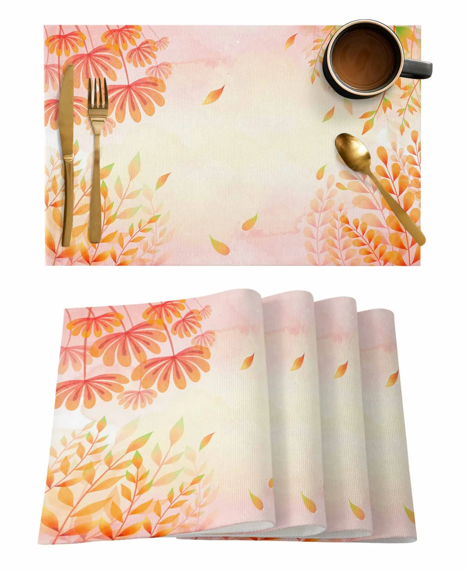 Thanksgiving Autumn Plant Leaves Shrubs Gradual Table Runners for Dining Room Home Tablecloth 4/6 Pcs Placemats Table Cover