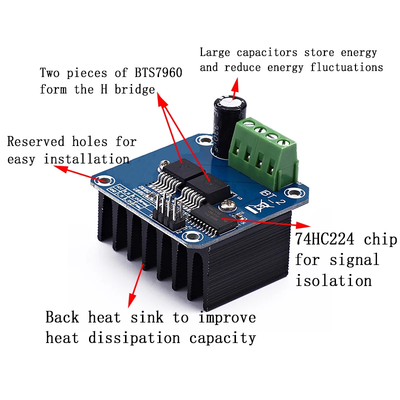 H-Bridge High-Power Motor Driver Module, DIY carro inteligente, diagnóstico atual para Arduino, duplo BTS7960, 43A, 1Pc