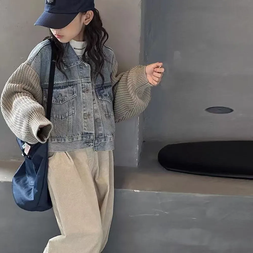 Kids Girls Coat Spring and Autumn New Korean Fashion Casual All-match Splicing Denim Sweater Jacket Kids Clothes 100-160CM view 3