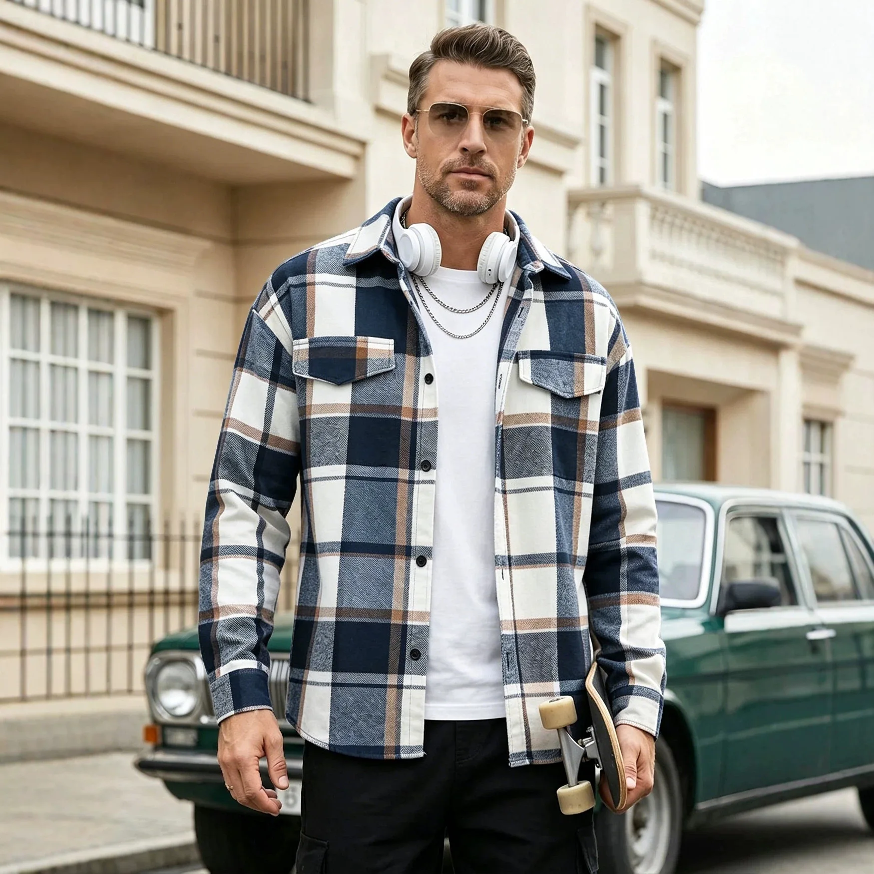 Spring and Autumn Men's Lapel Checked Cardigan Pocket Casual Long Sleeve Jacket Large Size Shirt view 2