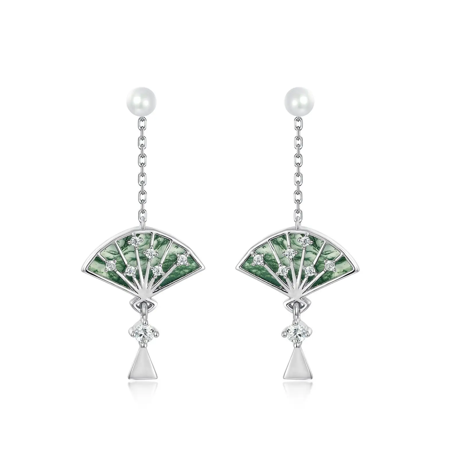 

925 Sterling Silver Fan Shaped Gemstone Earrings Unique Green Moss Agate Engagement Anniversary Valentine Gifts
