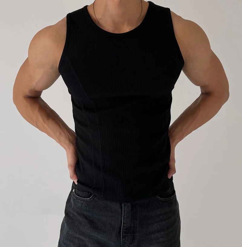 Sports Fitness Slim Sleeveless Tank Tops Men Fashion Solid Color Pleated Ribbed Vest Shirts Mens Summer Casual Elastic Camisoles