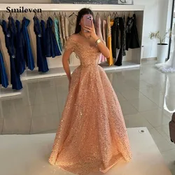 Smileven Rose Gold A Line Sequins Evening Dress Off The Shoulder Prom Dresses robe de soirée Sexy Side Split Party Gowns 2024