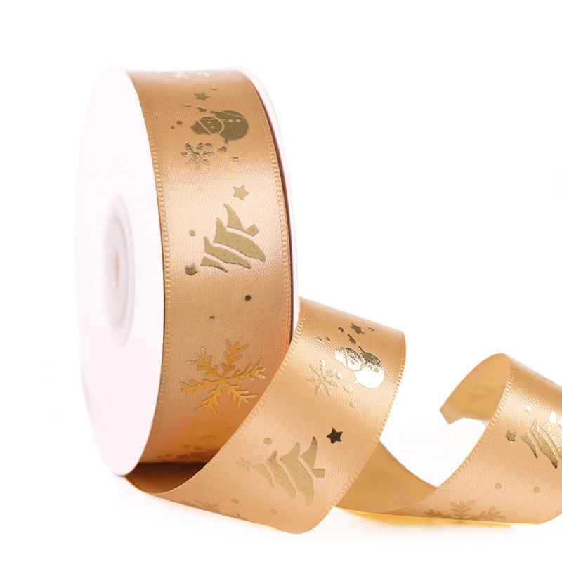 M2EA – rubans de noël 25 Yards, en feuille d'or, motifs de flocon de neige, nœud scintillant, bricolage artisanal