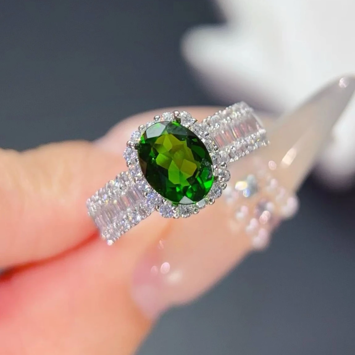

Vintage Sterling Silver Gemstone Ring 6mm *8mm 1ct Natural Chrome Diopside Ring with Certificate 925 Silver Crystal Jewelry