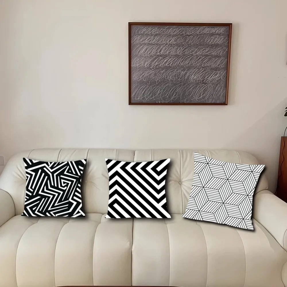 Black and White Geometric Line Star Pillow Case Living Room Accent Couch Back Support Square Lounge Restful Nap Companion ﻿