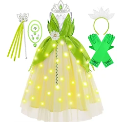 Tiana Dress Up Princess Dresses Evening Party Green Ball Gown Kids LED Light Fancy Fairy Birthday Carnival Fluffy Costume