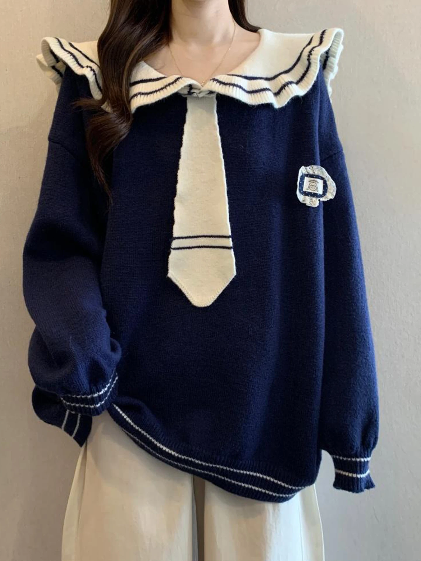 

Свободный вязаный свитер с длинными рукавами и воротником-стойкой, женский, больших размеров, осенне-зимний, повседневный, в студенческом стиле, синий трикотажный топ