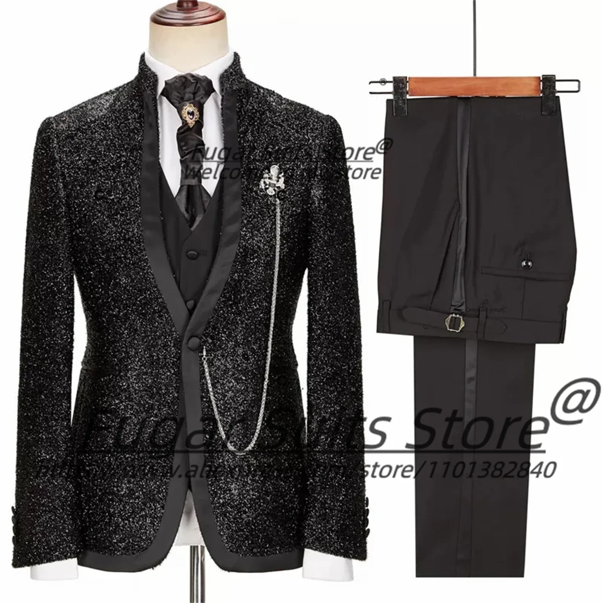 

Shiny Black Prom Men Suits Customized Slim Fit Stand Collar Groom Wedding Tuxeods 3 Pieces Sets Male Party Blazers Ropa Hombre