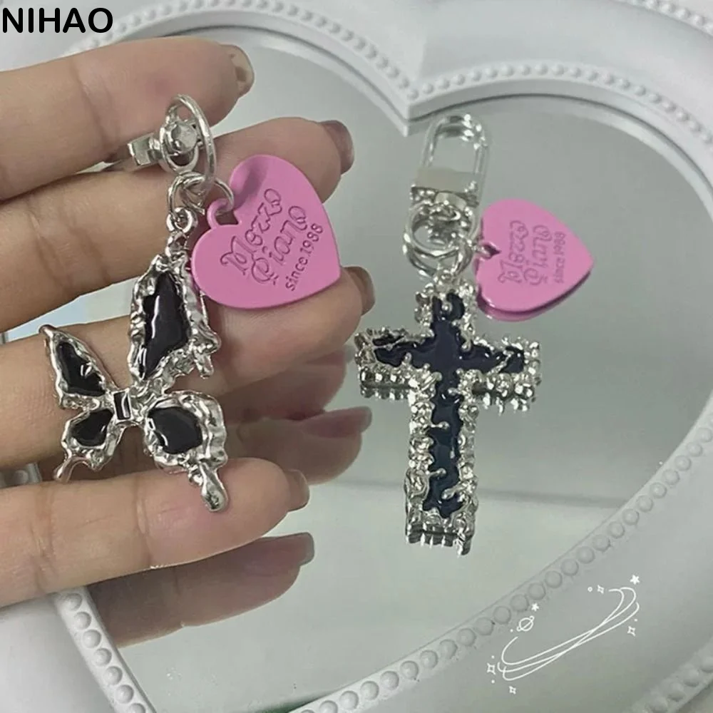 Bag Pendant Butterfly Cross Key Chain Irregular Gothic Trinket Y2K Lava Thorn Keyring Heart Black Cross Love Keychain