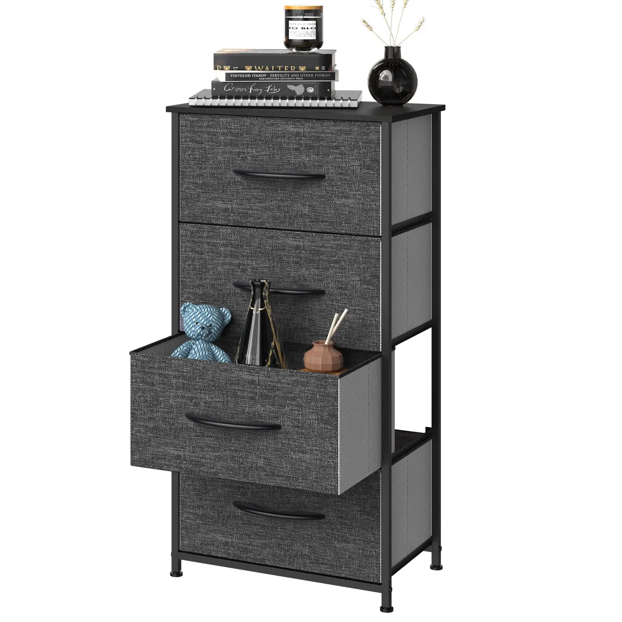 

Dextrus 4 Drawers Dresser Shelf Organizer Bedroom Bedside Storage Tower Black Grey