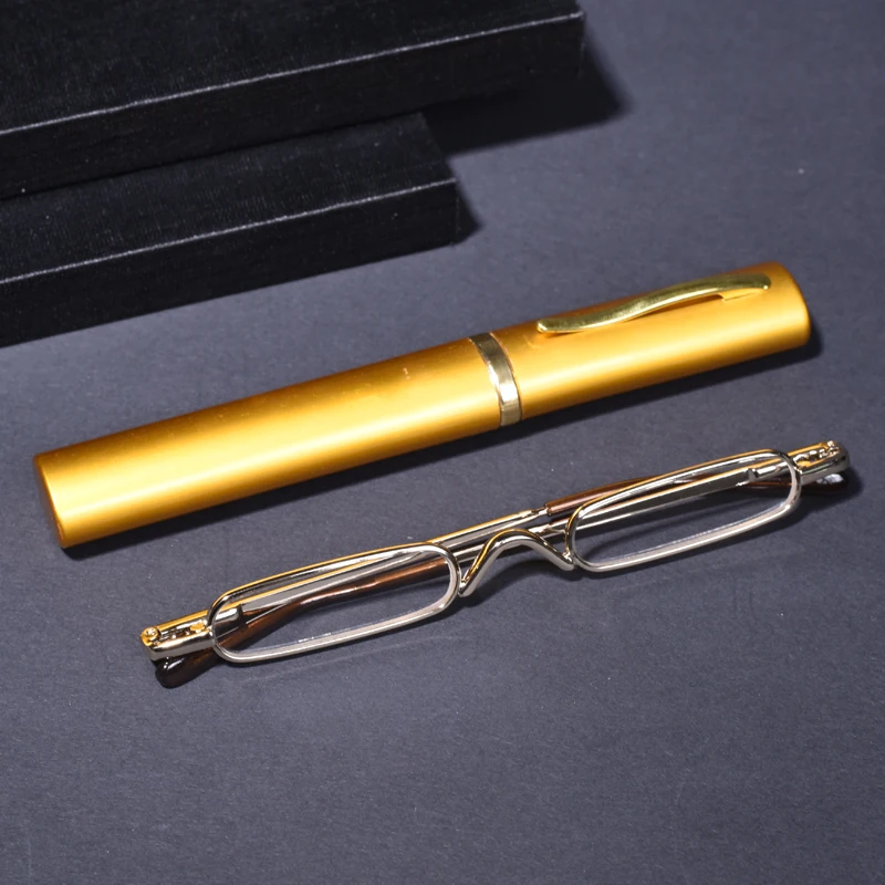 Goldfarbene, elegante Lesebrille mit Metallrahmen, ultradünn, für Herren und Damen, tragbare Mini-Lesebrille für Presbyopie, mit Box