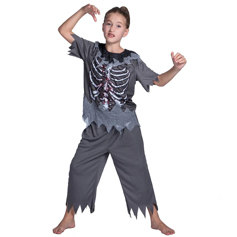 Halloween Children Girl Gray Zombie Skeleton Fashion Holiday Party Cosplay Costume Funny Horror Stage Performance Clothes