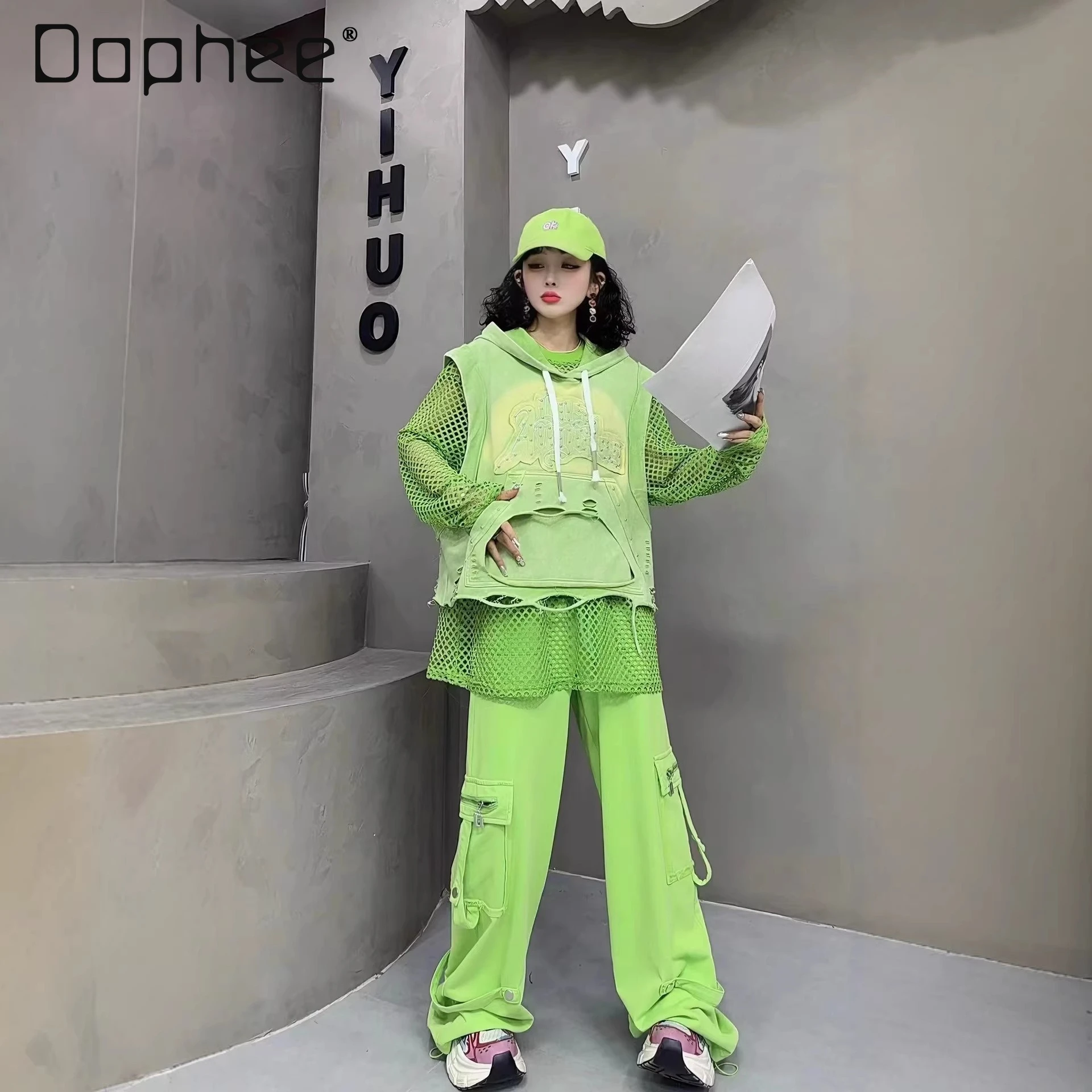

Костюм в стиле Y2K: неоново-зеленый уличный тренд, женский, лето 2026, новинка, с капюшоном, на шнурке, свободный топ с вырезами, однотонные прямые брюки