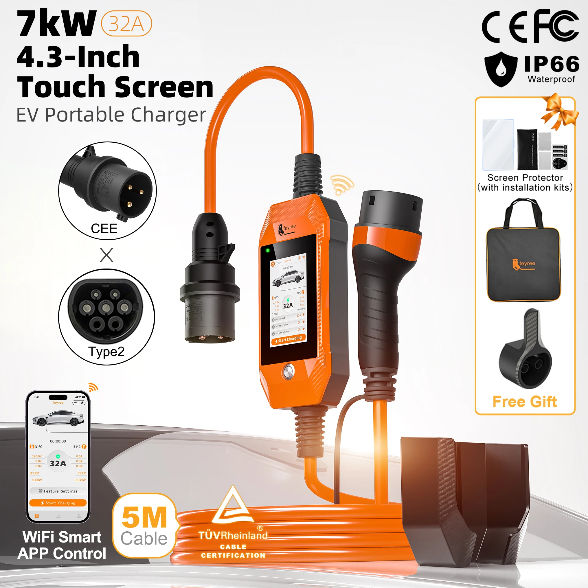 Feyree 4,3 inch touchscreen Type2 7kW 32A verstelbare draagbare EV-lader met adapter, slimme APP en wifi-bediening voor elektrische auto's
