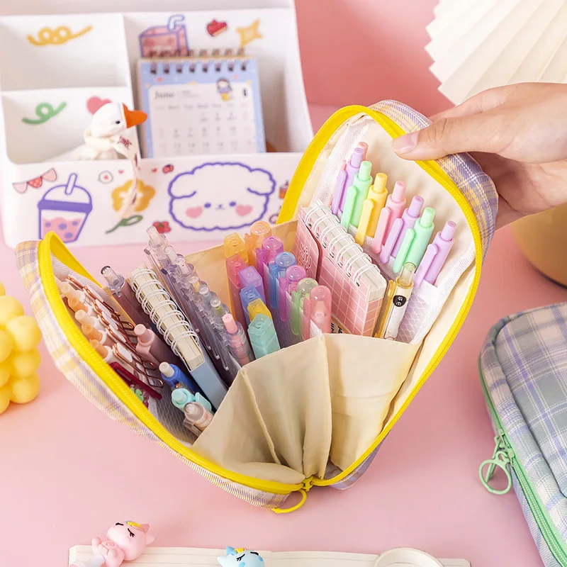 Kawaii-Grand étui à crayons mignon pour garçons et filles, sac de rangement esthétique, super grand, grille en toile, fournitures scolaires,