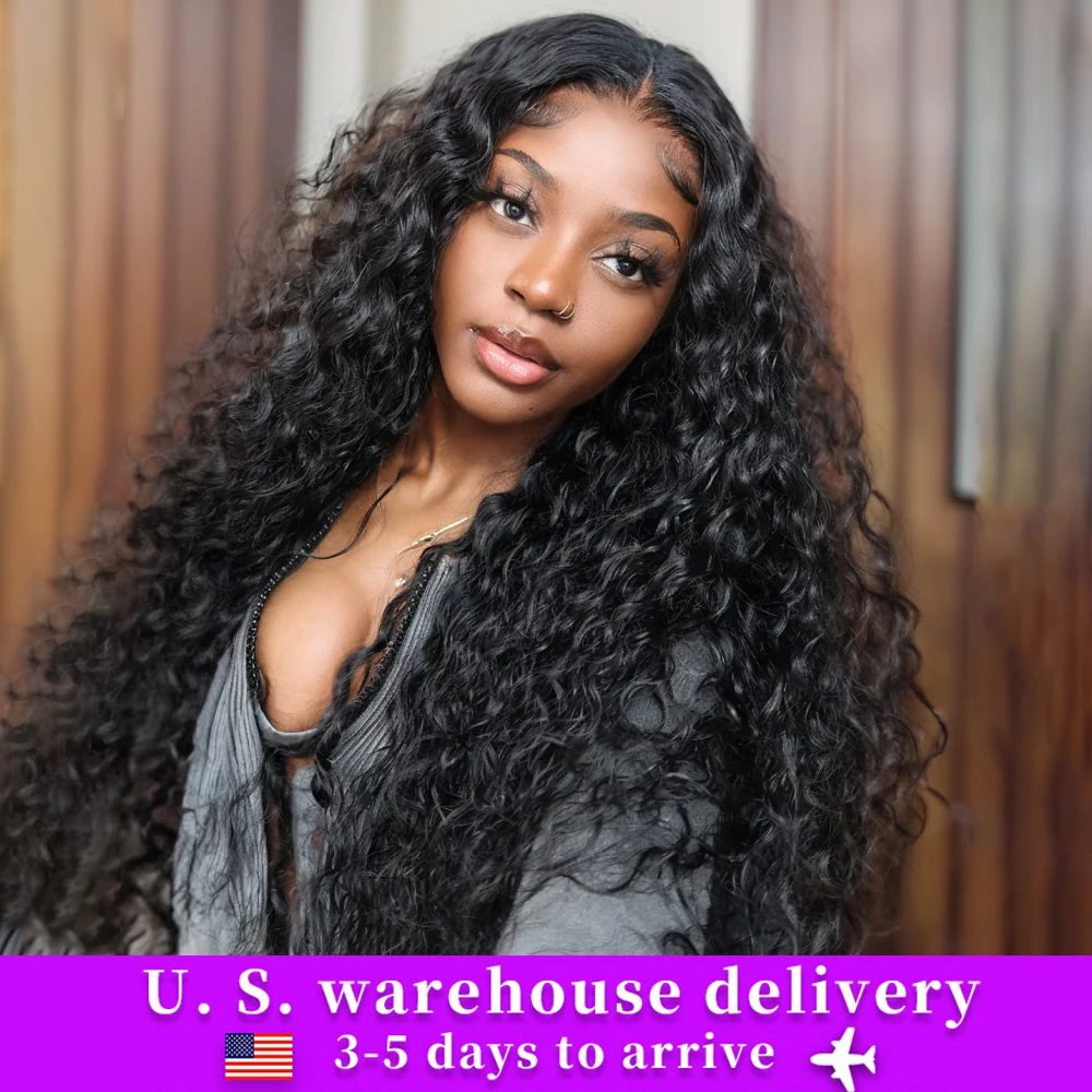 #1B 38inch Curly Deep Wave Lace Front Wigs Human Hair 13x6 Wet And Wavy Lace Front Wigs Human Hair Natural Black 210Density