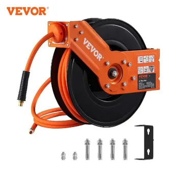 Vevor รีลท่ออากาศแบบยืดหดได้, รีลท่อคอมเพรสเซอร์ไฮบริดขนาด50ฟุตตัวยึดผนัง5ตัวสำหรับงานหนักแขนคู่ทำจากสเตนเลสสตีล