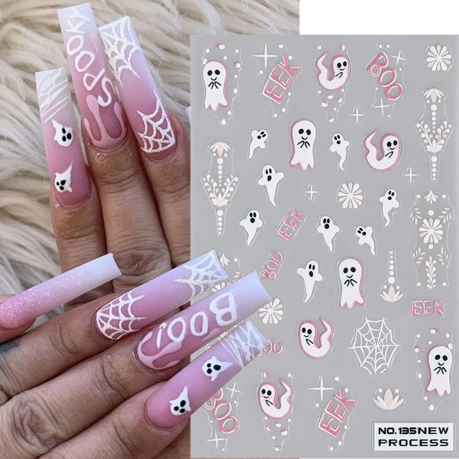 3D Heart Web Halloween Nail Stickers Skull Pumpkin Ghost Spider Web Cute Holiday Nail Sliders DIY Adhesive Manicure Decoration