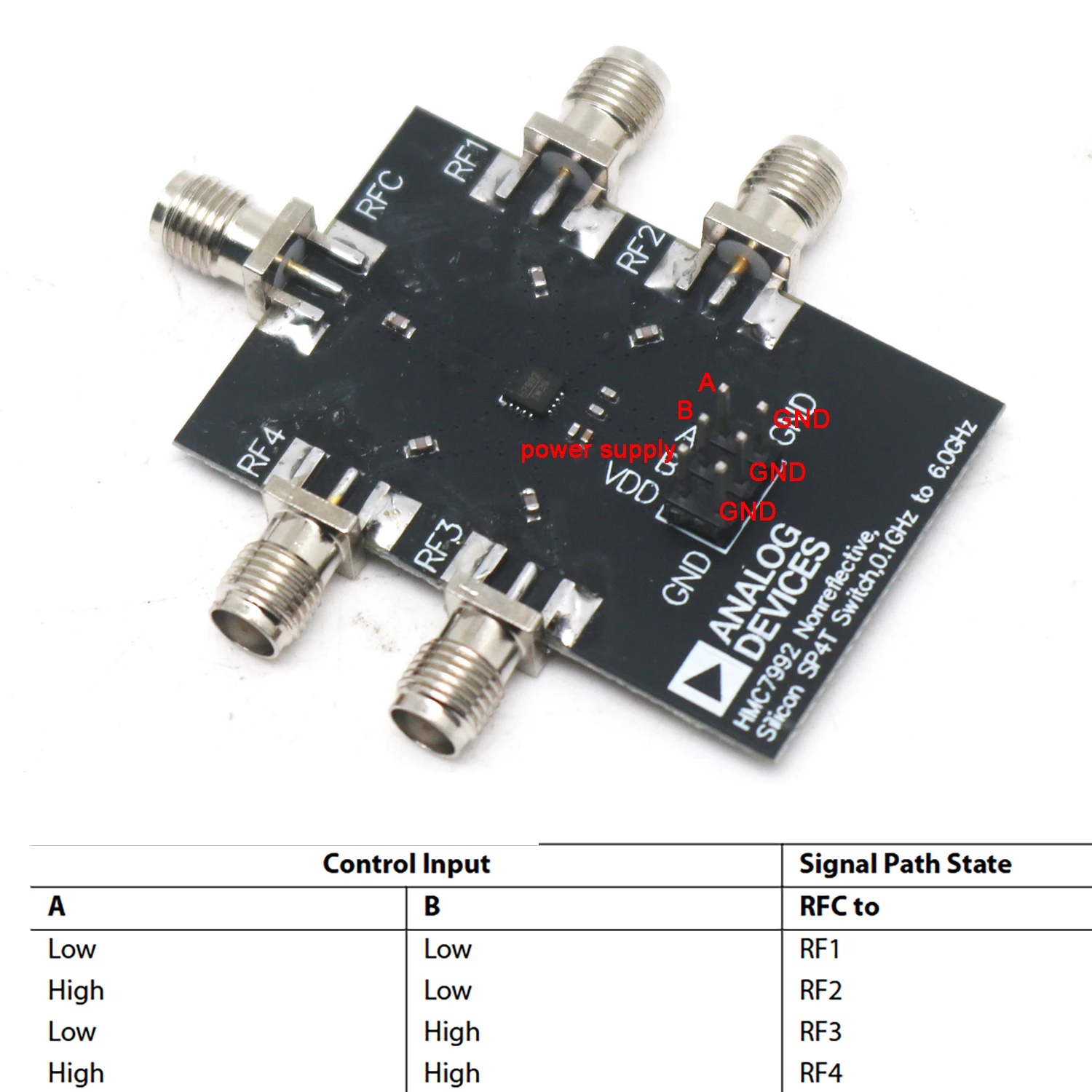 100MHz to 6GHz HMC7992 SP4T Switch Module RF Single Pole Four Throw (SP4T) Switch High Low Signal Control F/HAM Radio Amplifier