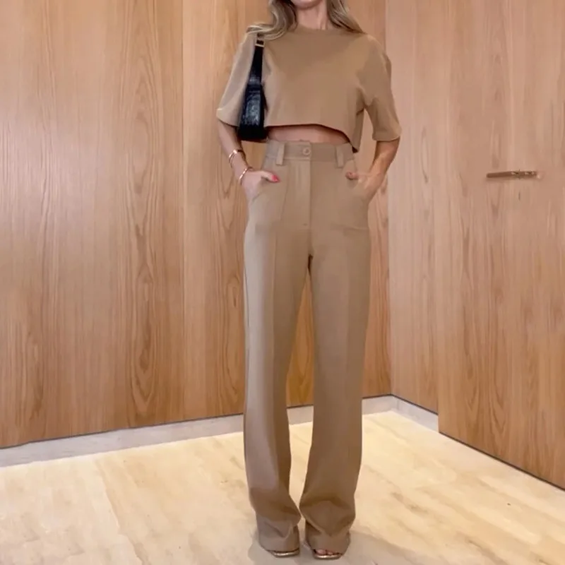 Moda Spodnie z wysoką talią Dwuczęściowe zestawy Wiosna Lato Crop Up T Shirty Stroje Biuro Eleganckie Solidne Spodnie Garnitur Biały