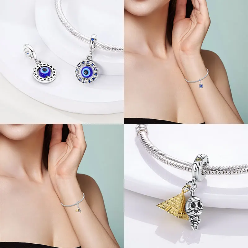Pyramid Evil Eye Hamsa Cross Angel Original Charm Silver Plated Beads Fit Bracelets Bag Keychain Charms Diy Women Gift Accessory
