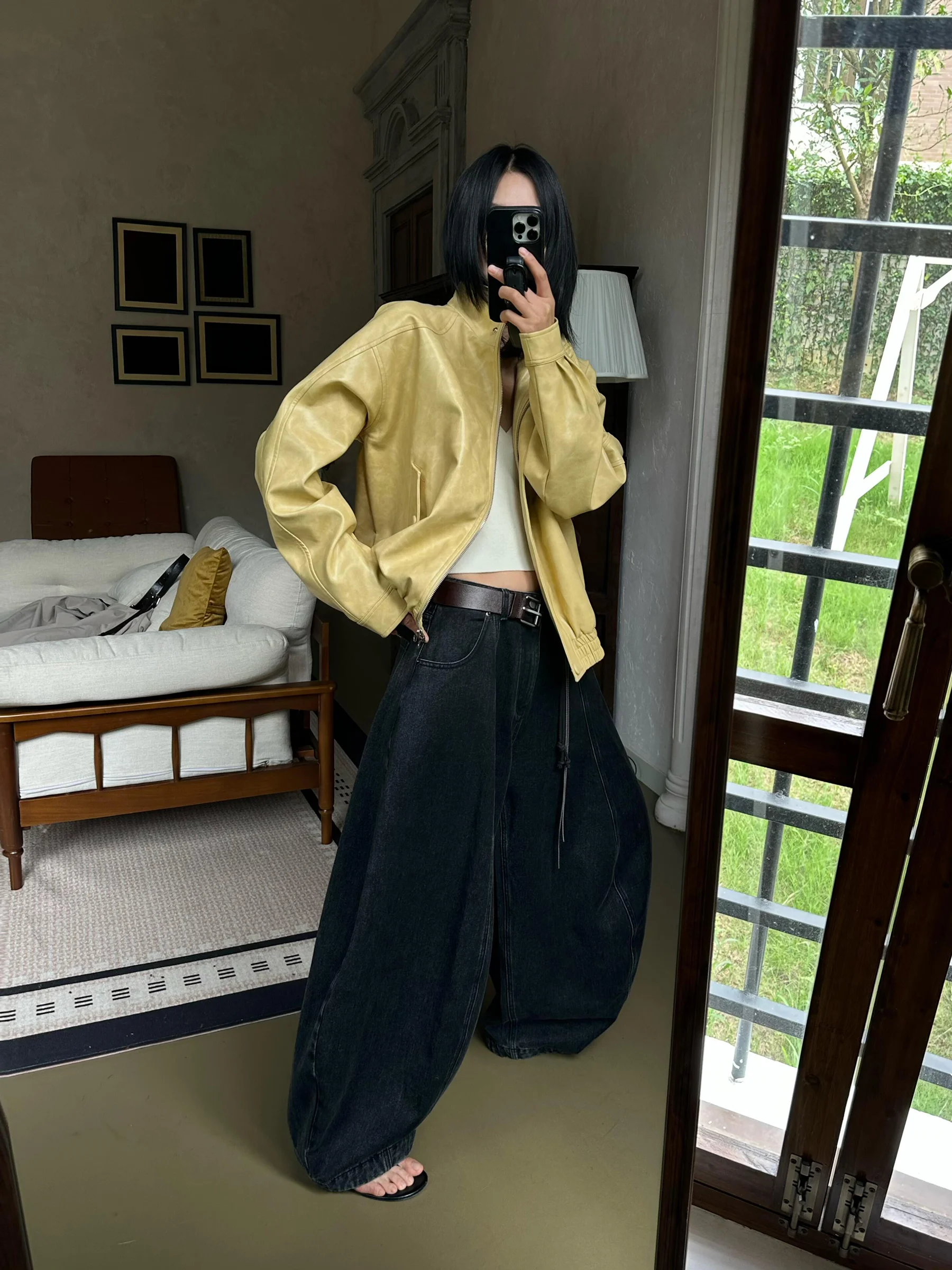 KSKM レディース イエロー レザー ジャケット バイカー パイロット コート アメリカンスタイル 秋 ハイファッション センセーション 通勤 ウィンド ルーズフィット 長袖 ジッパー開閉