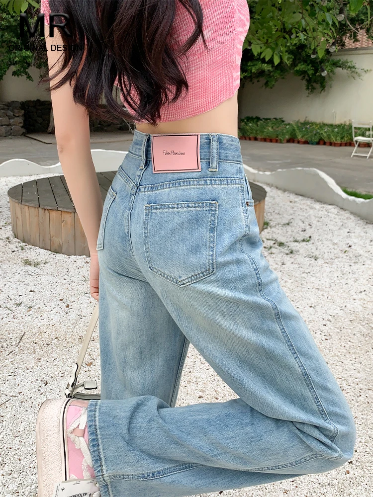 

Светло-голубые джинсы с высокой талией, широкими штанинами и прямым кроем для женщин, свободные брюки больших размеров, модные для весны и лета