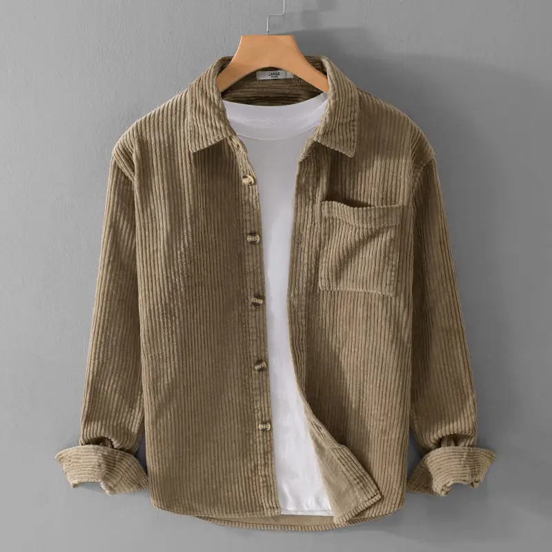 Corduroy long-sleeved shirt men's spring and Japanese simple casual solid color thick cardigan jacket retro trendy topYY35