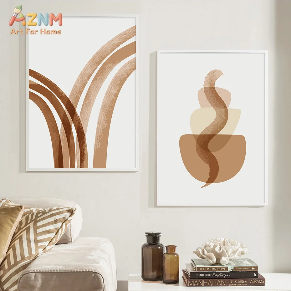 AZNM Frameless Canvas Poster Neutral Brown Boho Abstract Geometric Shape Print, Minimalist Textured Line Art Wall Art Picture fo