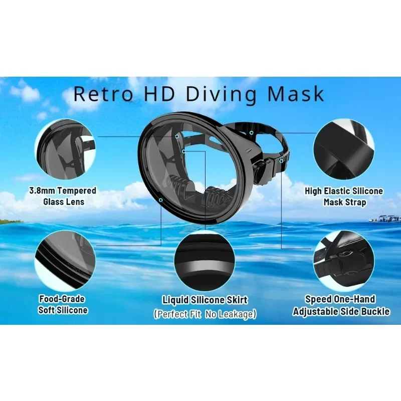 Maschera subacquea retrò, maschera per pesca subacquea, vetro temperato HD, antiappannamento, ideale per attività acquatiche