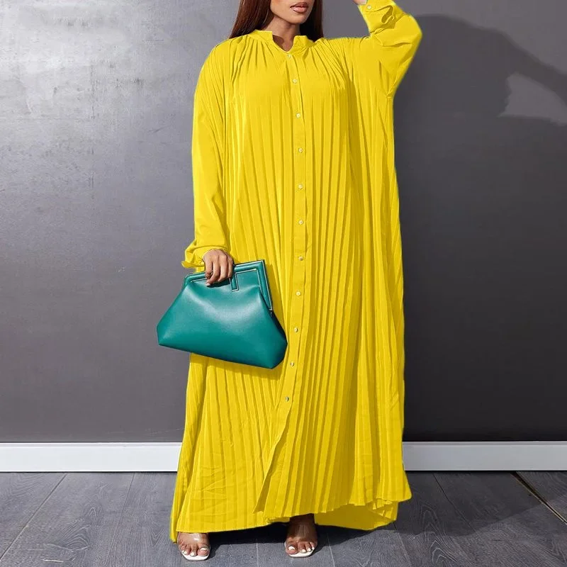 Pleated Summer Dresses Large Size Long Dress for Women Casual Cardigan Muslim Dress Women Kaftan Single-breasted Women Clothes