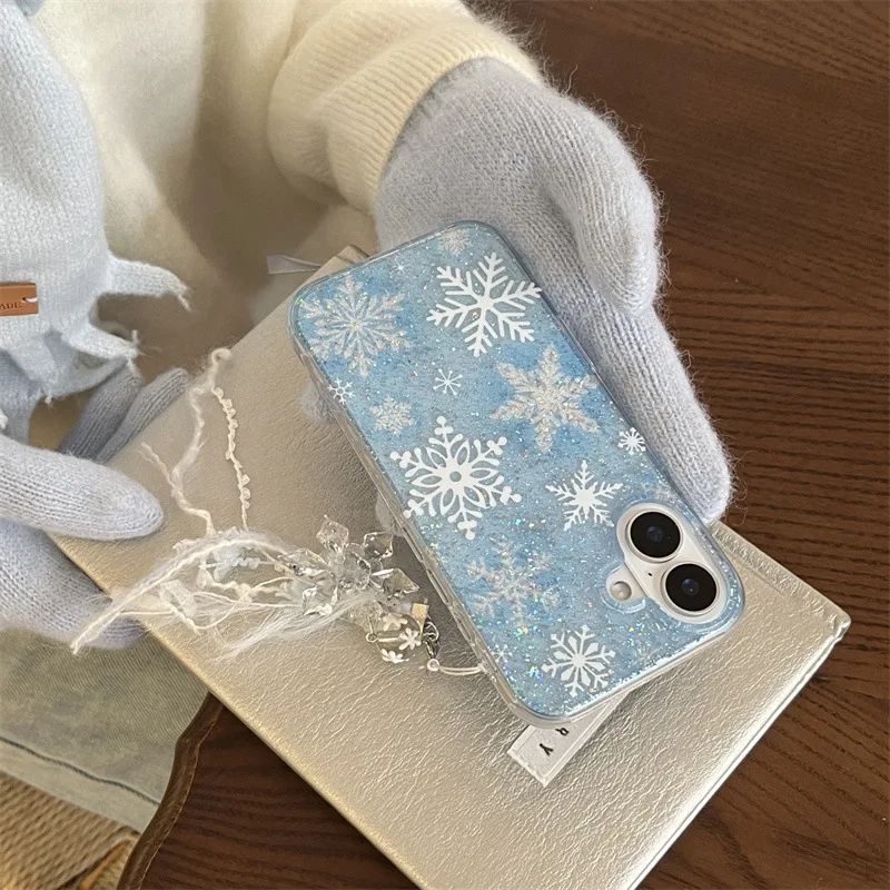 겨울 눈송이 반짝이 반짝이 투명 펜던트 전화 케이스, 아이폰 16, 15, 14, 13 프로 맥스 케이스, 귀여운 럭셔리 만화 커버