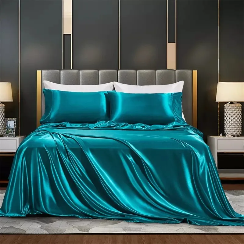 Solid Cooling Satin Summer Faux Silk King Bedding Bed Sheets Set and Pillow Case Sets 4 Pieces for Hotel