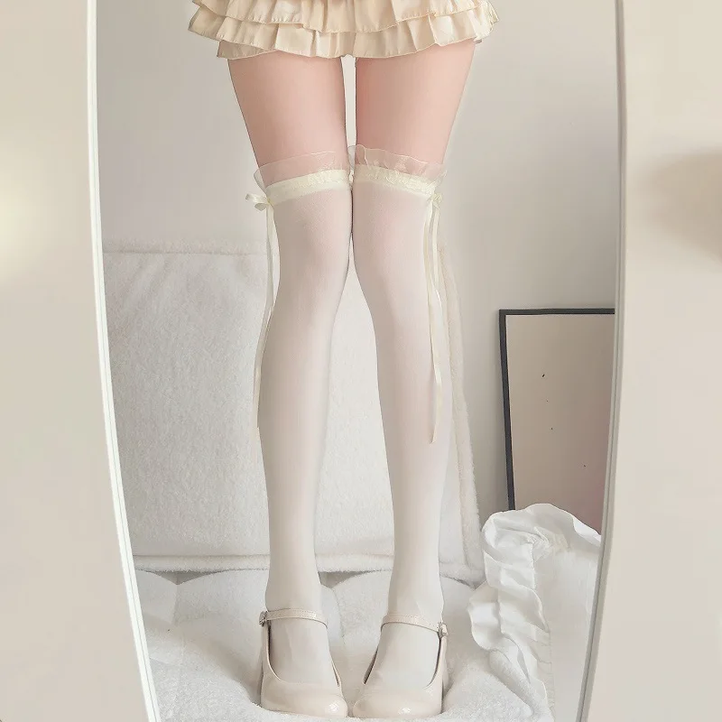 Weiße Spitzenstrümpfe mit Schleife für Damen, transparente Overknee-Socken, Lolita Cosplay, romantische Date-Overknee-Socken, lange Socken – Detail 5