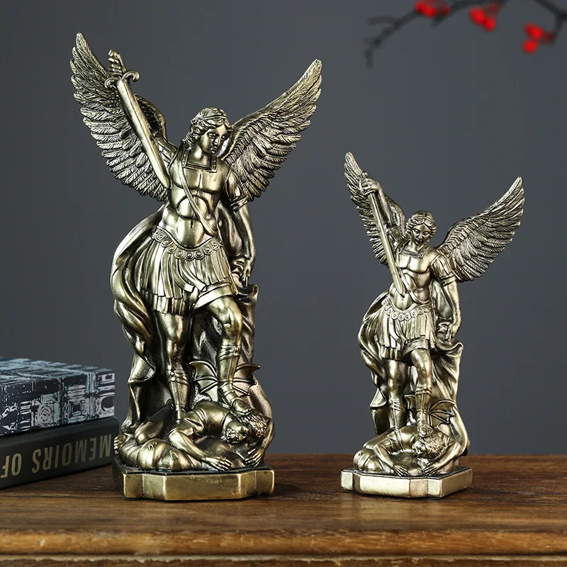 San Miguel Archangel Statue Retro Bronzed Resin Mythology Angel Figurine Christian Catholic Home Decorations Desktop Ornaments view 2